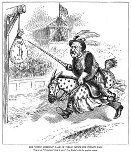 In 1884 Republicans dumped incumbent President Chester A. Arthur in favor of party loyalist James G. Blaine. This cartoon suggests Blaine was not just loyal, but also corrupt. 