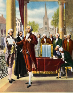George Washington being sword in as the nation's first President. He was not elected by popular ballot, but rather by appointed electors. 
