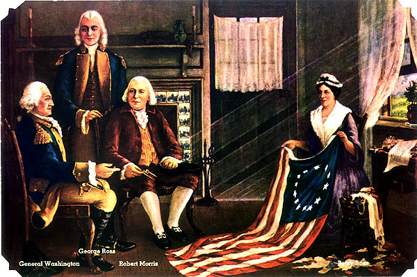 Charles Weisgerber's 1893 painting of Betsy Ross presenting the American flag to George Washington and Robert Morris. This painting played a major role in popularizing the Betsy Ross story/myth. 