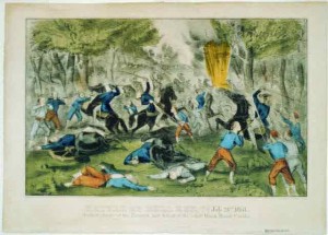 Currier & Ives issued this print of the Battle of Bull Run in 1861. Its romanticized view of war was typical of the era.