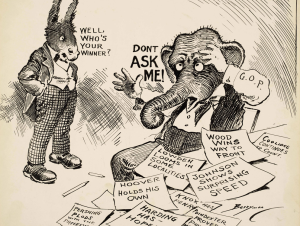 A political cartoon about the prolonged and secret backroom dealing at the 1920 GOP convention that eventually produced Warren G. Harding. 
