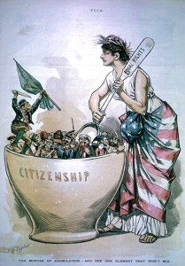 Puck magazine depicts this Irishman as both violent and unwilling to assimilate into American culture, despite the efforts of Lady Liberty (aka Columbia).