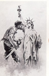 This political cartoon shows an anarchist of southern or eastern European background threatening America. By 1919 the image of the Irish immigrant terrorist had faded. 