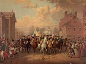 General George Washington arrives with Governor Clinton and troops in New York on November 26, 1783 as the defeated British evacuated the city.